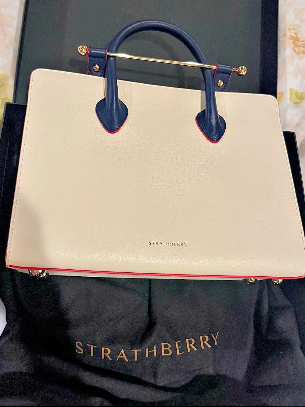 Strathberry Tote Midi Color Block Shoulder Bag in Cream & Blue